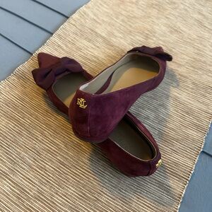 Ralph Lauren Burgundy Flats with Suede Texture and Decorative Bow